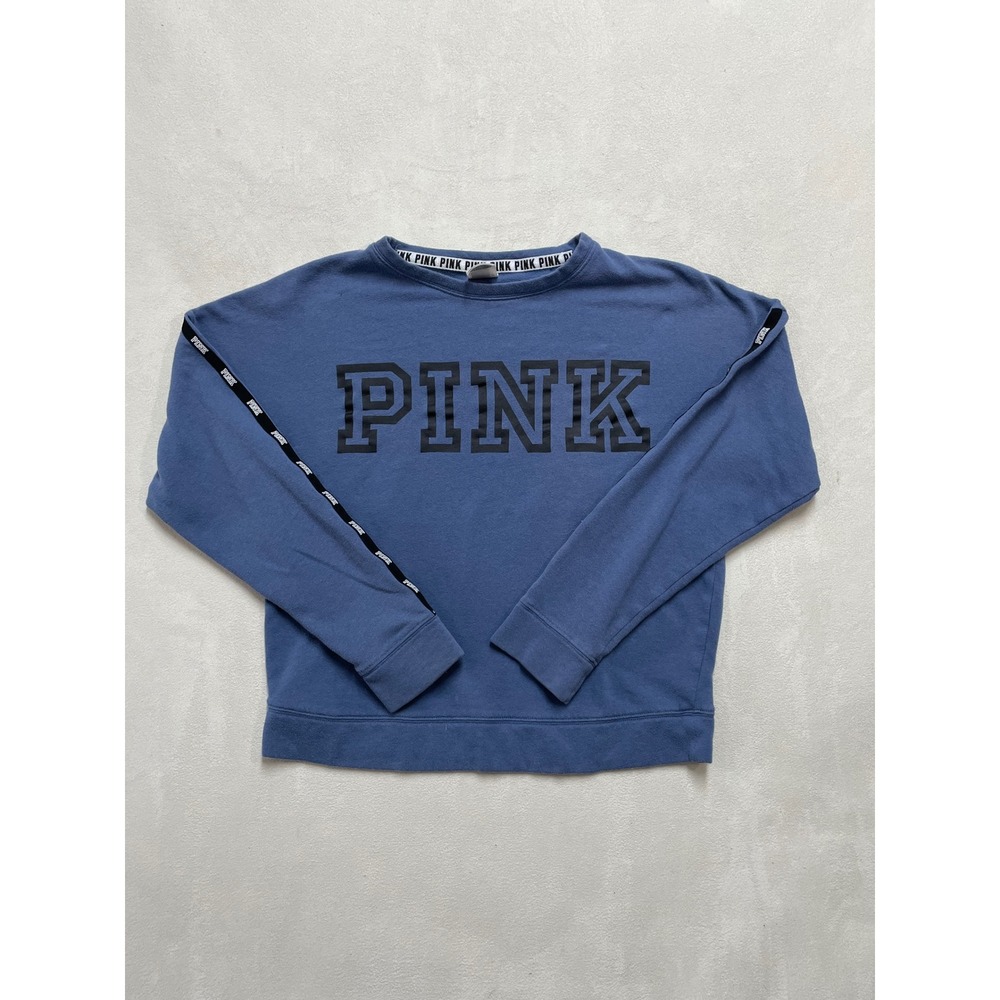 Victorias Secret PINK Blue Logo Taped Sleeve Crewneck Sweatshirt Womens XS